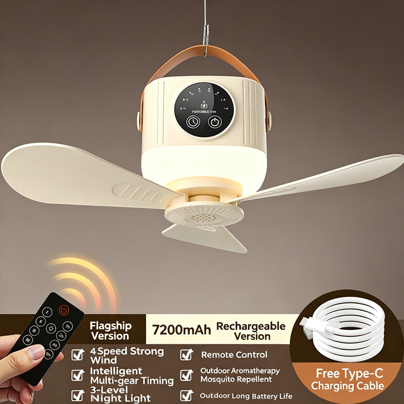 Outdoor Camping Misting Fan - 7200mAh Tragbarer Wiederaufladbarer Deckenventilator Kabelloser USB-Hängeventilator